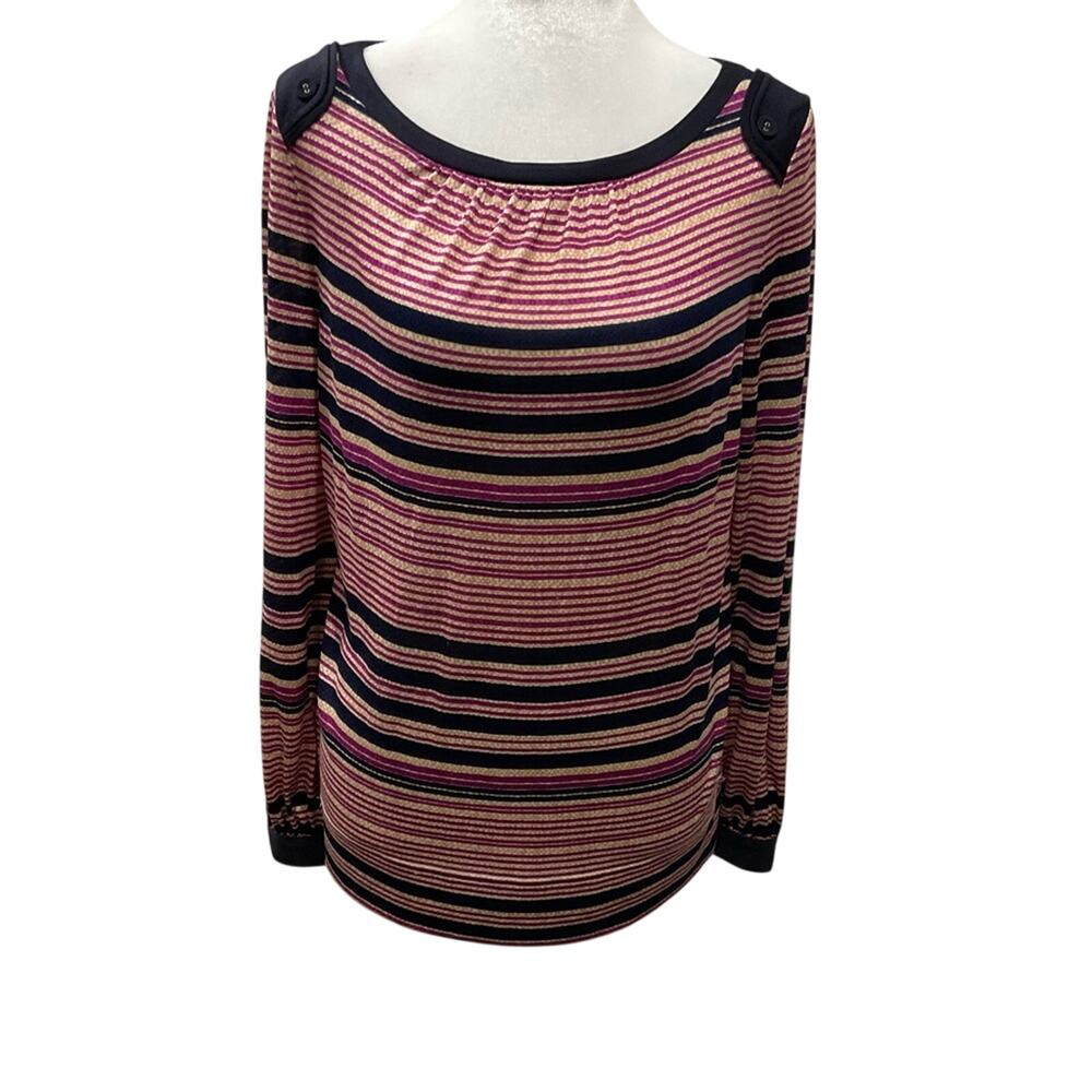 Tory Burch Pink, Navy & Cream Striped Long-Sleeve Boatneck Top